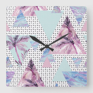 Horloge Carrée Motif rose et bleu d'aquarelle de palmier