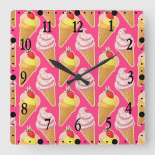 Horloge Carrée Motif rose Kawaii avec crème glacée aux fraises