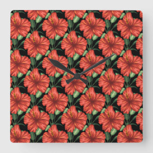 Horloge Carrée Motif sans couture Fleurs rouges tropicales feuill