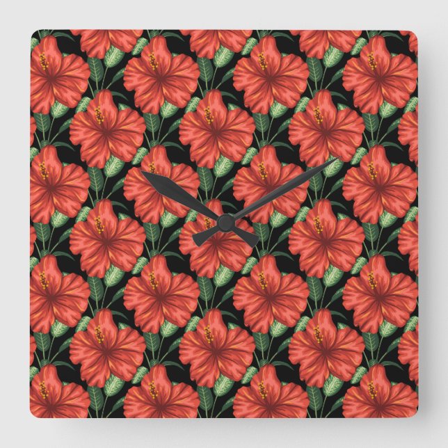 Horloge Carrée Motif sans couture Fleurs rouges tropicales feuill (Recto)