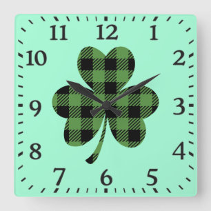 Horloge Carrée Motif Trèfle Irlandais à carreaux Buffle Vert-6110