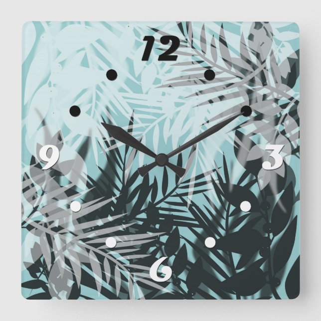 Horloge Carrée Motif tropical bleu clair (Recto)