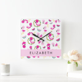 Horloge Carrée Motif tropical, Flamants roses, Fleurs, Votre Nom