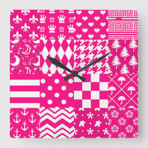 Horloge Carrée Motifs mélangés rose blanc