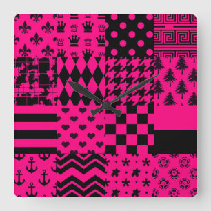 Horloge Carrée Motifs mélangés rose noir