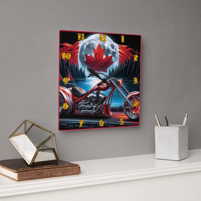 Horloge Carrée Moto avec drapeau canadien la nuit (Bureau)