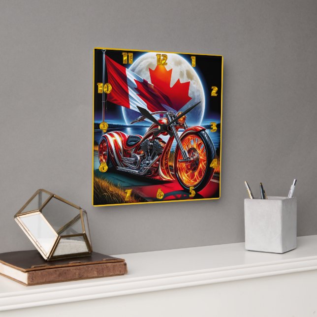 Horloge Carrée Moto canadienne avec drapeau dans un paysage illum (Bureau)