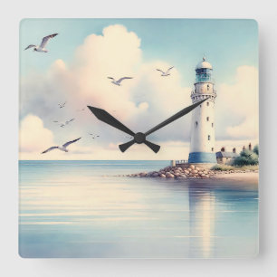 Horloge Carrée Mouette de phare côtier Sérénité du ciel pastel