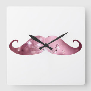 Horloge Carrée Moustache rose drôle de Bling