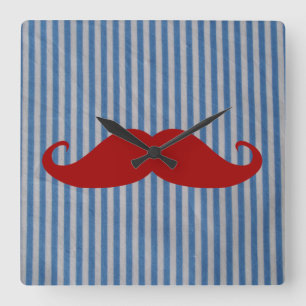 Horloge Carrée Moustache Rouge Amusante Et Bleu Blancs