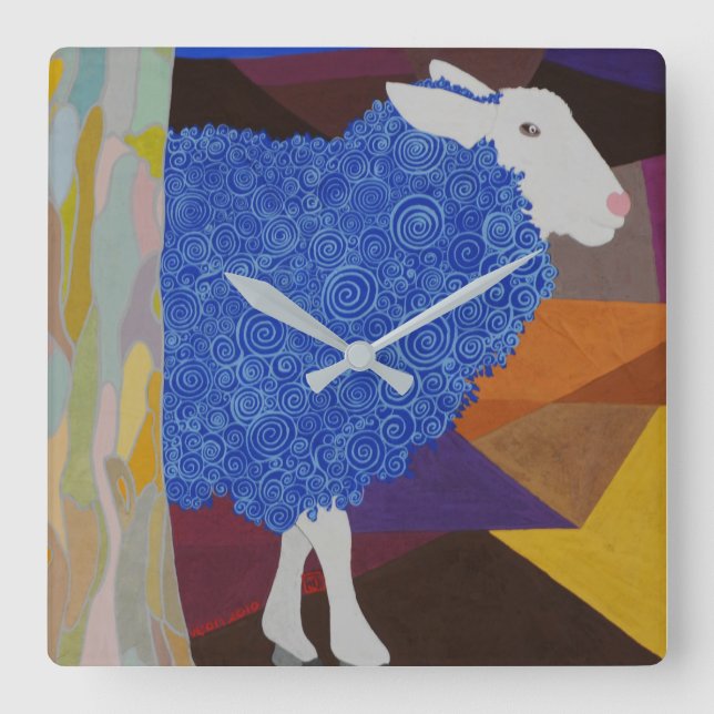 Horloge Carrée Mouton de laine bleue (Recto)