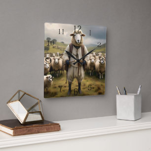 Horloge Carrée Moutons Drôle Shepard Avec Son Troupeau De Moutons