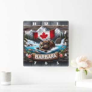Horloge Carrée Nage de castor canadien près du cours d'eau de mon