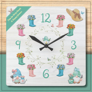 Horloge Carrée Nain de jardin fantaisiste et bottes florales
