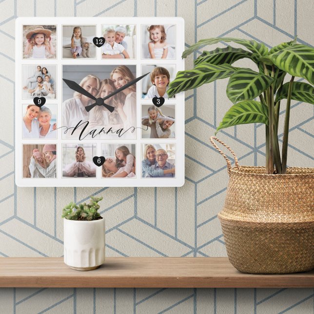Horloge Carrée Nanna Script Family Memory Photo Grid Collage (Créateur téléchargé)