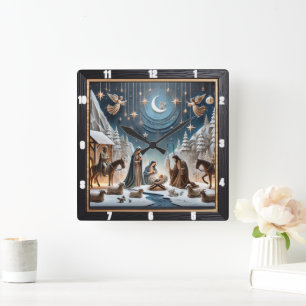 Horloge Carrée Nativité Hiver Scène Angels Étoiles
