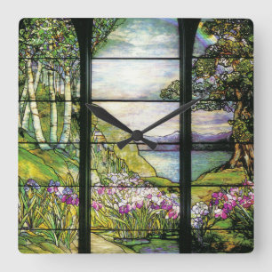 Horloge Carrée Nature de Tiffany en verre souillé de Nouveau