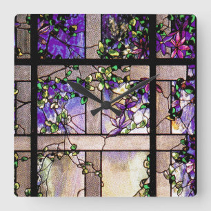 Horloge Carrée Nature de Tiffany en verre souillé de Nouveau