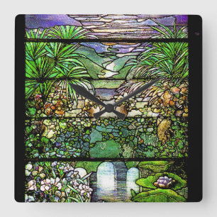 Horloge Carrée Nature de Tiffany en verre souillé de Nouveau