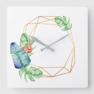Horloge Carrée Nature Tropical White Gold Flamant rose Leaf Polig