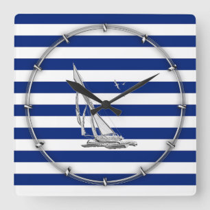 Horloge Carrée Navigation de chrome sur les rayures nautiques