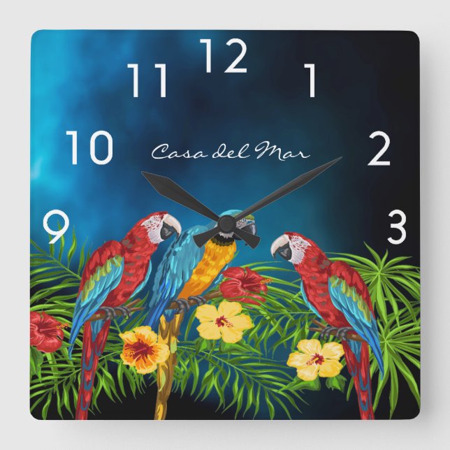 Horloge Carrée Navy blue parrots birds summer house name (Recto)