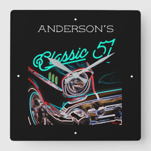 Horloge Carrée Neon Effect Chevy Classic 1957 Nom personnalisé de