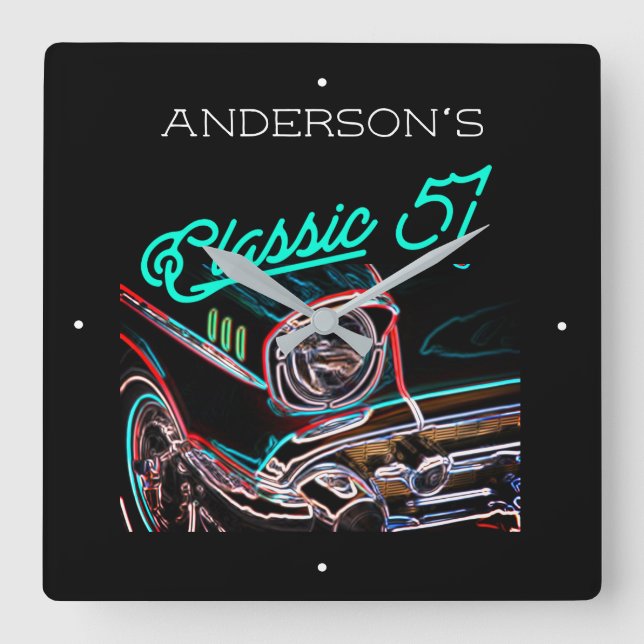 Horloge Carrée Neon Effect Chevy Classic 1957 Nom personnalisé de (Recto)
