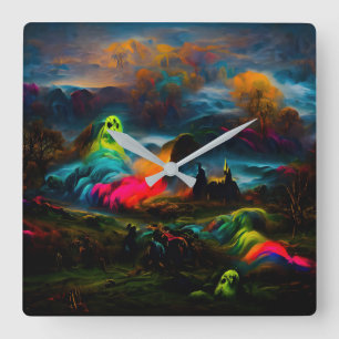 Horloge Carrée Neon Ghosts dans un paysage d'Imaginaire hanté