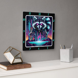 Horloge Carrée Neon Raccoon Skyline Pulse
