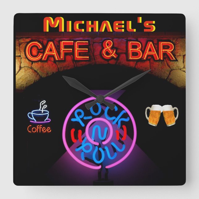 Horloge Carrée Neon RocknRoll SIGNER Bar Café ManCave Nommé Cuisi (Recto)