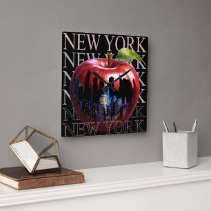 Horloge Carrée New York La Grande Pomme Fruit Silhouette Ville