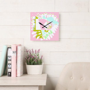 Horloge Carrée Nid d'oiseau - Flamant rose rose blanc