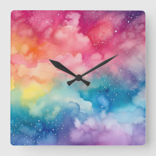 Horloge Carrée Night Sky Rainbow Watercolor Art Abstrait