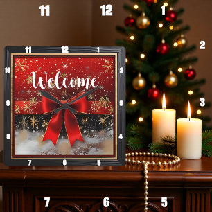 Horloge Carrée Noël Bienvenue Ruban Rouge