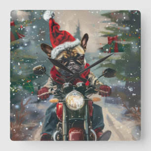Horloge Carrée Noël Bulldog Français à moto