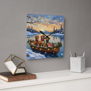 Horloge Carrée Noël en bateau avec un Vizsla