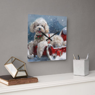 Horloge Carrée Noël Festif au Chien Caniche