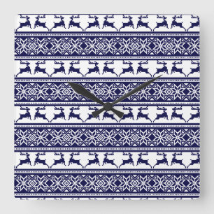 Horloge Carrée Noël, le bleu et le blanc scandinave