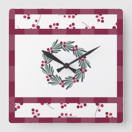 Horloge Carrée Noël Red Plaid Wreath Festive