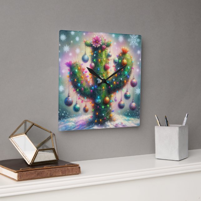 Horloge Carrée Noël Saguaro Cactus Whimsical Snowflakes (Bureau)