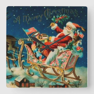 Horloge Carrée Noël vintage du Père Noël Sleigh