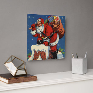 Horloge Carrée Noël vintage, le Père Noël descend dans la cheminé