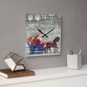 Horloge Carrée Noël vintage, Père Noël traîneau ouvert cheval