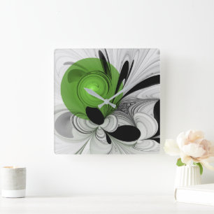 Horloge Carrée Noir Abstrait et blanc avec art fractal vert
