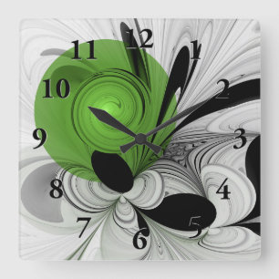 Horloge Carrée Noir Abstrait et blanc avec art fractal vert