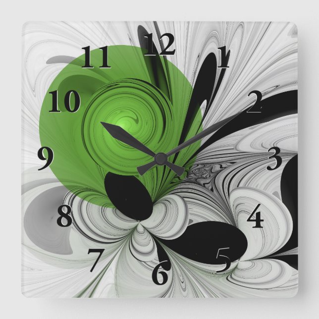 Horloge Carrée Noir Abstrait et blanc avec art fractal vert (Recto)