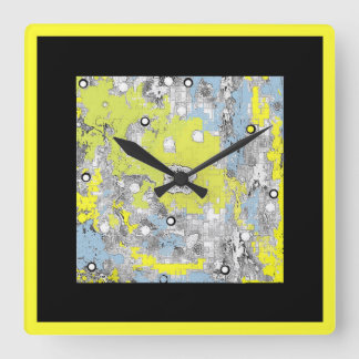 Horloge Carrée Noir bleu jaune carré d'horloge murale