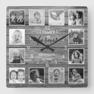 Horloge Carrée Noir Et Blanc 12 Photo Collage Nom De Famille Bois