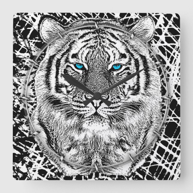 Horloge Carrée Noir et Bleu Yeux Design Tiger (Recto)